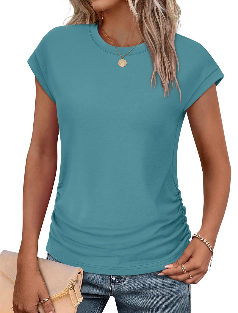 SAMPEEL T Shirts for Women Loose Fit Cap Sleeve Summer Tops Short Sleeve Basic Tee Shirts Comfy Teal L - Image 1