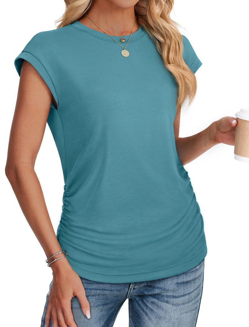 SAMPEEL T Shirts for Women Loose Fit Cap Sleeve Summer Tops Short Sleeve Basic Tee Shirts Comfy Teal L - Image 3