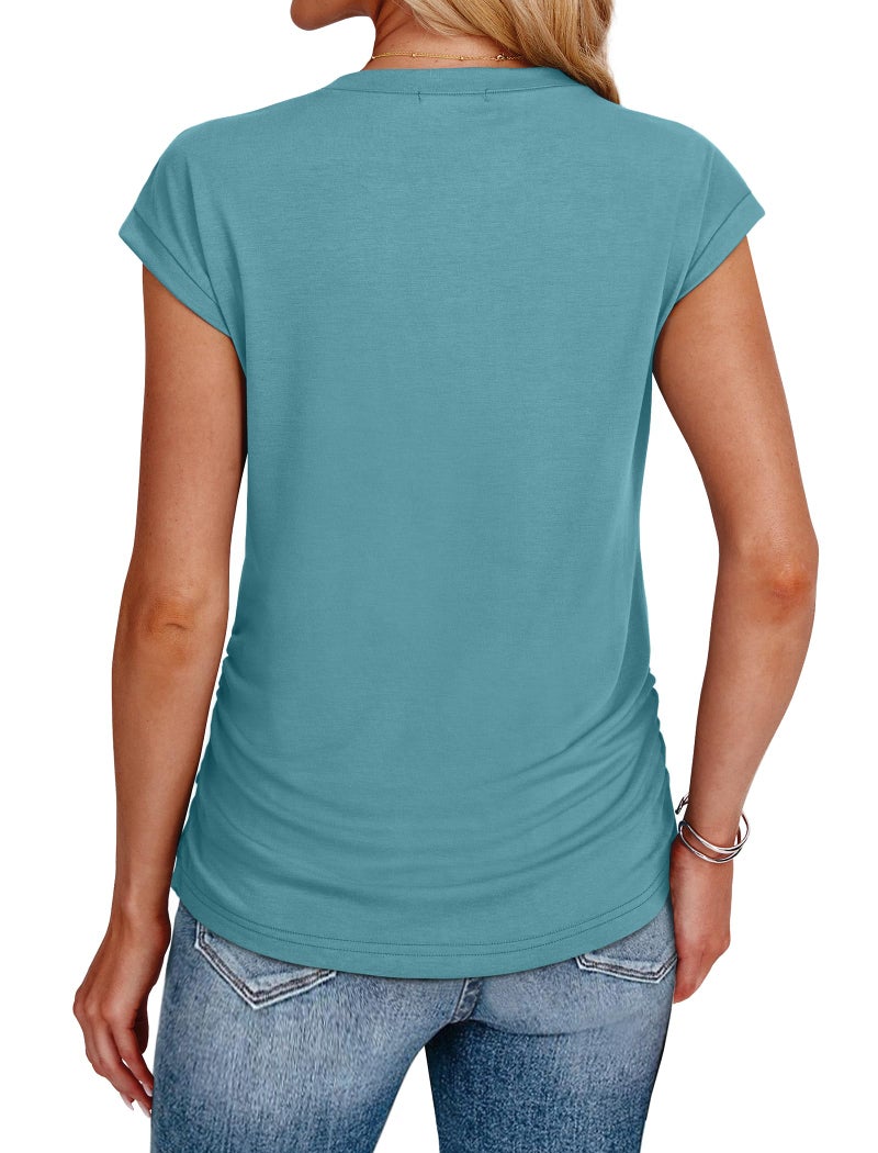 SAMPEEL T Shirts for Women Loose Fit Cap Sleeve Summer Tops Short Sleeve Basic Tee Shirts Comfy Teal L - Image 5