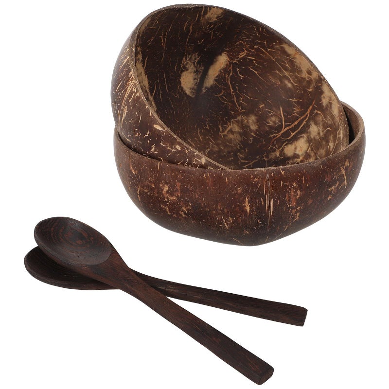 Natural Coconut Shell Salad Bowls Set With Wooden Spoons Eco Friendly Kitchen Serving Bowls - Image 2