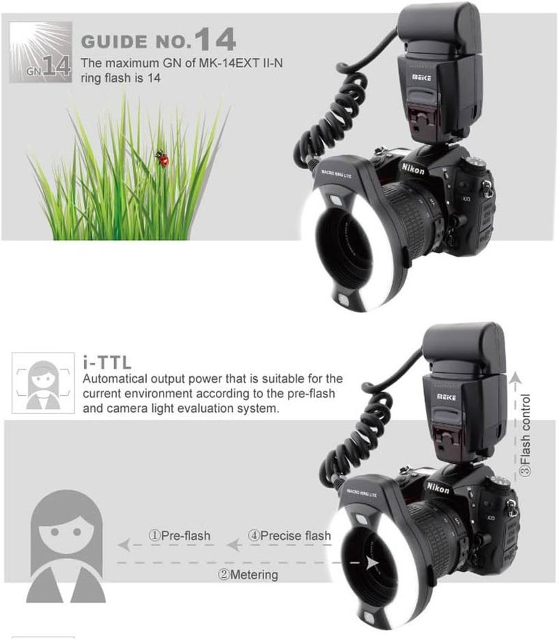 Meke Meike iTTL TTL LED Macro Ring Flash Light for Nikon DSLR Camera, Camera Flash with Hot Shoe Mount d3400 d5600 d5500 d5200 d5100 d7100 d750 d850 d500 d810 d7500 - Image 4