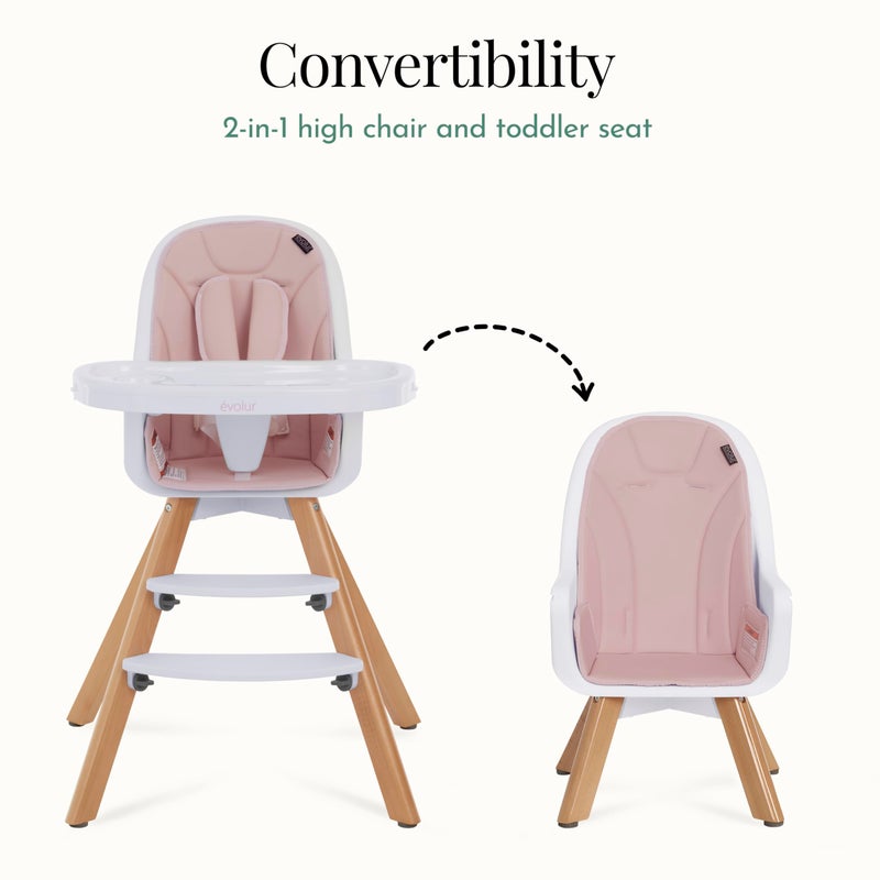 Evolur Ã©volur Zoodle 2-in-1 High Chair for Baby & Toddler â€“ Convertible High Chair to Toddler Chair, Padded Seat, 5-Point Safety Harness, Dual Dishwasher-Safe Trays, Solid Beechwood Legs â€“ Pink - Image 3
