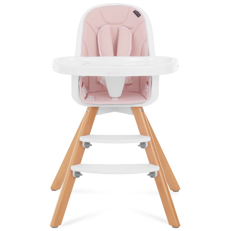 Evolur Ã©volur Zoodle 2-in-1 High Chair for Baby & Toddler â€“ Convertible High Chair to Toddler Chair, Padded Seat, 5-Point Safety Harness, Dual Dishwasher-Safe Trays, Solid Beechwood Legs â€“ Pink - Image 4