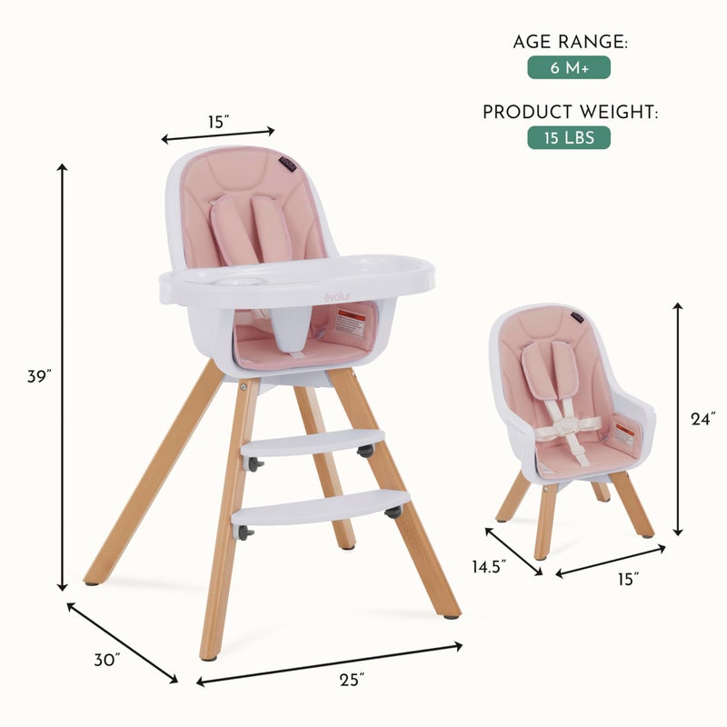 Evolur Ã©volur Zoodle 2-in-1 High Chair for Baby & Toddler â€“ Convertible High Chair to Toddler Chair, Padded Seat, 5-Point Safety Harness, Dual Dishwasher-Safe Trays, Solid Beechwood Legs â€“ Pink - Image 2