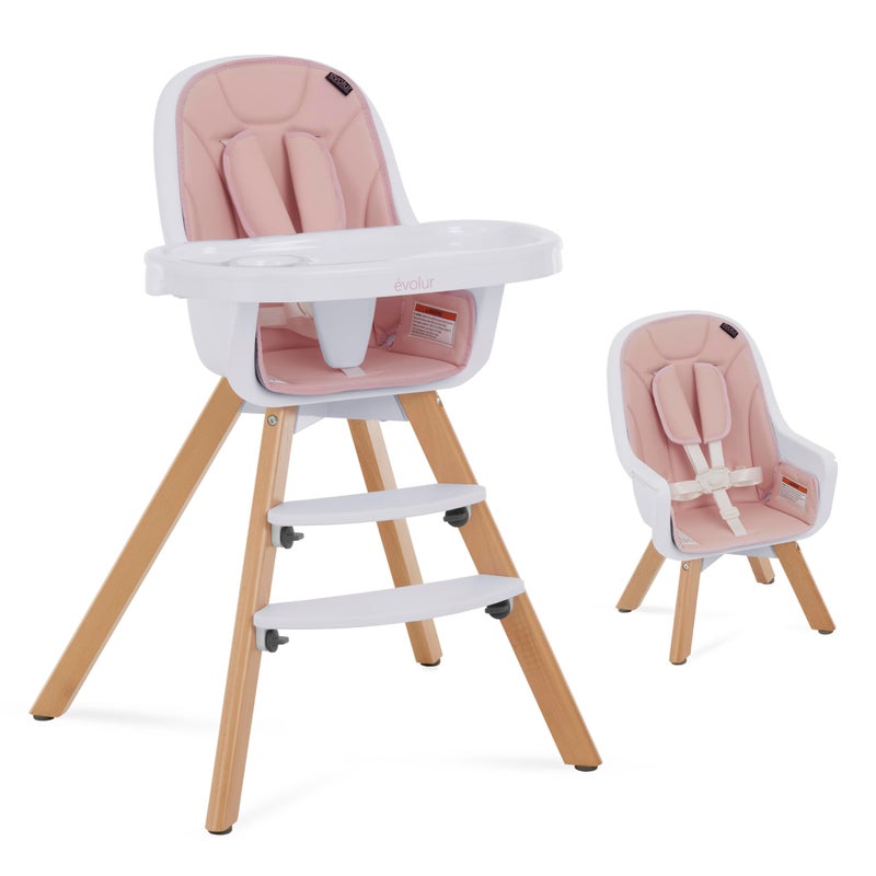 Evolur Ã©volur Zoodle 2-in-1 High Chair for Baby & Toddler â€“ Convertible High Chair to Toddler Chair, Padded Seat, 5-Point Safety Harness, Dual Dishwasher-Safe Trays, Solid Beechwood Legs â€“ Pink - Image 1