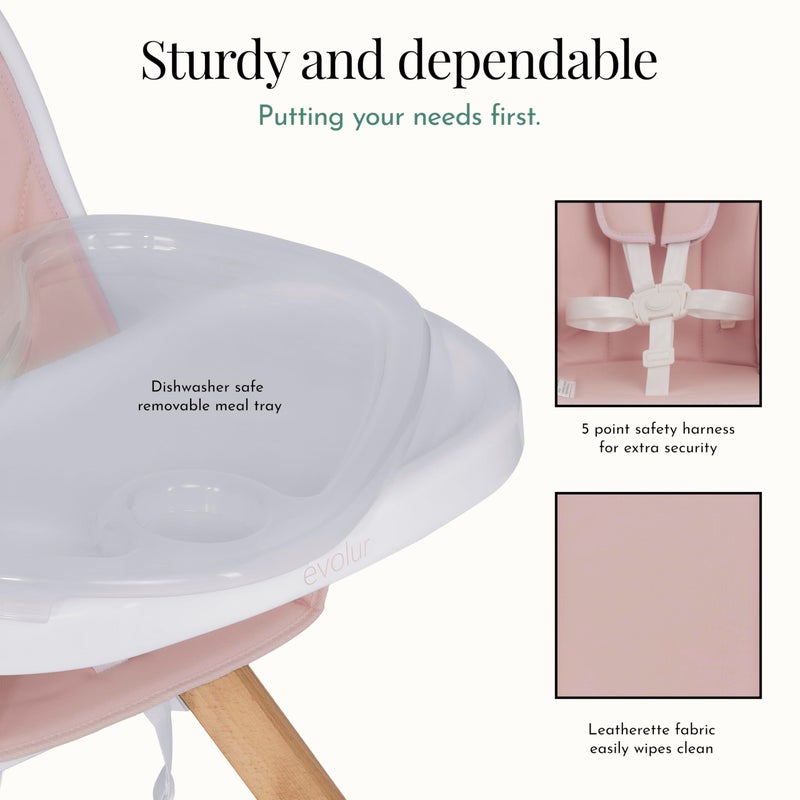 Evolur Ã©volur Zoodle 2-in-1 High Chair for Baby & Toddler â€“ Convertible High Chair to Toddler Chair, Padded Seat, 5-Point Safety Harness, Dual Dishwasher-Safe Trays, Solid Beechwood Legs â€“ Pink - Image 5