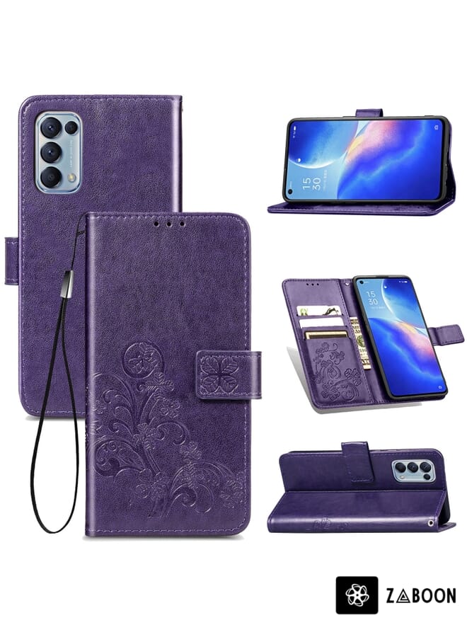 Zaboon غطاء حماية لهاتف OPPO Reno5 5G مع مشبك بأربعة أوراق جلد مزخرف مع حزام وحقيبة بطاقات ومحفظة وحامل - Image 1