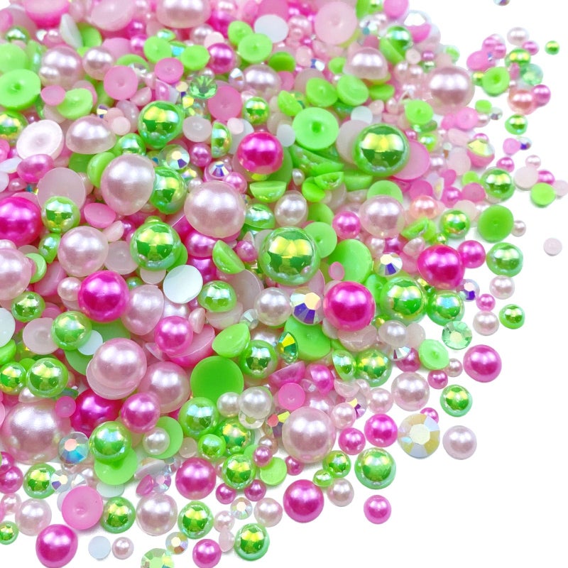 Jmassyang 100g Mix Resin Rhinestones Flatback Half Round Pearls Mixed Size 3mm10mm AB Color Half Pearls Resin Rhinestones for DIY Craft Nail Art Shoes Clothes Phone Case PinkGreen Series - Image 3
