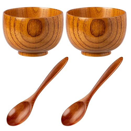 NUOMI 2 Sets Wooden Bowls for Food, Small Wood Bowls with Wood Spoons for Dessert Snacks Soup Tableware Set - Image 1