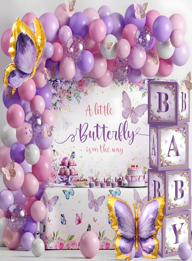 FengRise Butterfly Baby Shower Decorations for Girl Pink and Purple Balloon Arch Kit with Baby Boxes A Little Butterfly Is On The Way Backdrop Tablecloth for Girl Birthday Baby Shower Decor 118 Pcs - Image 1