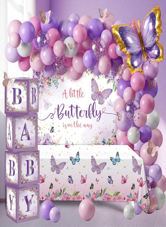 FengRise Butterfly Baby Shower Decorations for Girl Pink and Purple Balloon Arch Kit with Baby Boxes A Little Butterfly Is On The Way Backdrop Tablecloth for Girl Birthday Baby Shower Decor 118 Pcs - Image 4
