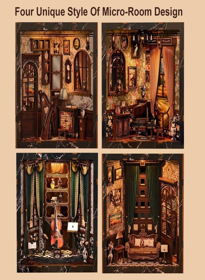 مجموعة Nestery Book Nook Kits للكبار - مجموعة منزل مصغر بتصميم فريد من أربعة جوانب لتزيين رفوف الكتب، أحجية خشبية ثلاثية الأبعاد يمكنك تركيبها بنفسك مع مصباح LED وغطاء واقٍ من الغبار، هدية حرفية إبداعية لمحبي الموسيقى والكتب - Image 2