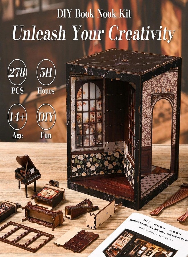 مجموعة Nestery Book Nook Kits للكبار - مجموعة منزل مصغر بتصميم فريد من أربعة جوانب لتزيين رفوف الكتب، أحجية خشبية ثلاثية الأبعاد يمكنك تركيبها بنفسك مع مصباح LED وغطاء واقٍ من الغبار، هدية حرفية إبداعية لمحبي الموسيقى والكتب - Image 5
