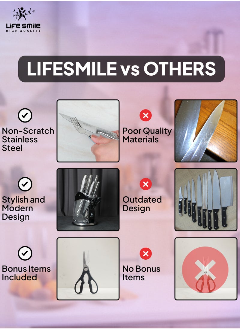 Life Smile - 7 Pcs Kitchen Knife Set With Block Durable High Carbon Stainless Steel - Ultra Sharp Blades - Image 1