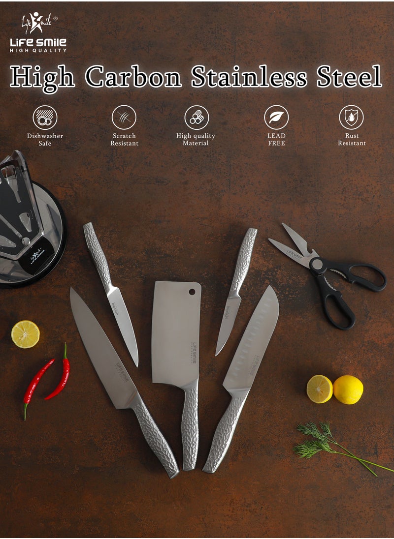 Life Smile - 7 Pcs Kitchen Knife Set With Block Durable High Carbon Stainless Steel - Ultra Sharp Blades - Image 1