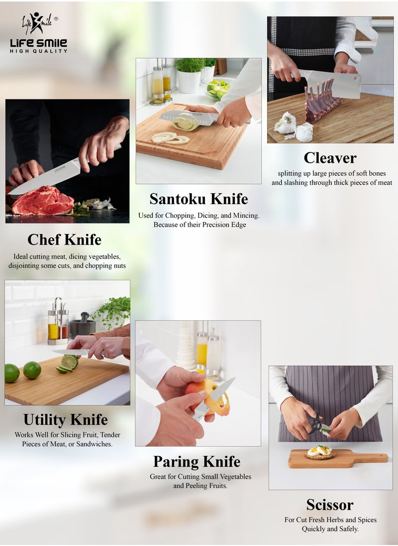 Life Smile - 7 Pcs Kitchen Knife Set With Block Durable High Carbon Stainless Steel - Ultra Sharp Blades - Image 1