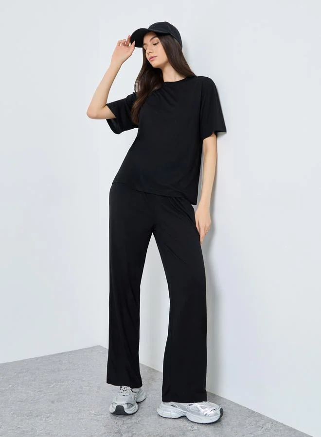 Take Two Take Two Black Solid T-Shirt and Loose Fit Joggers Co-Ords