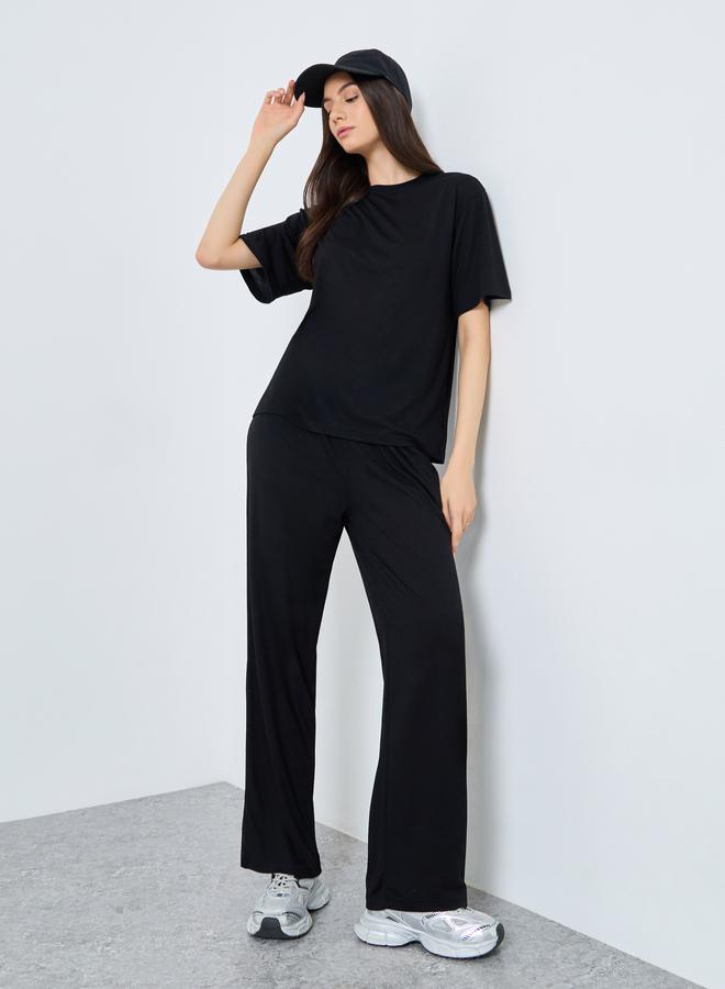 Take Two Black Solid T-Shirt and Loose Fit Joggers Co-Ords - Image 1