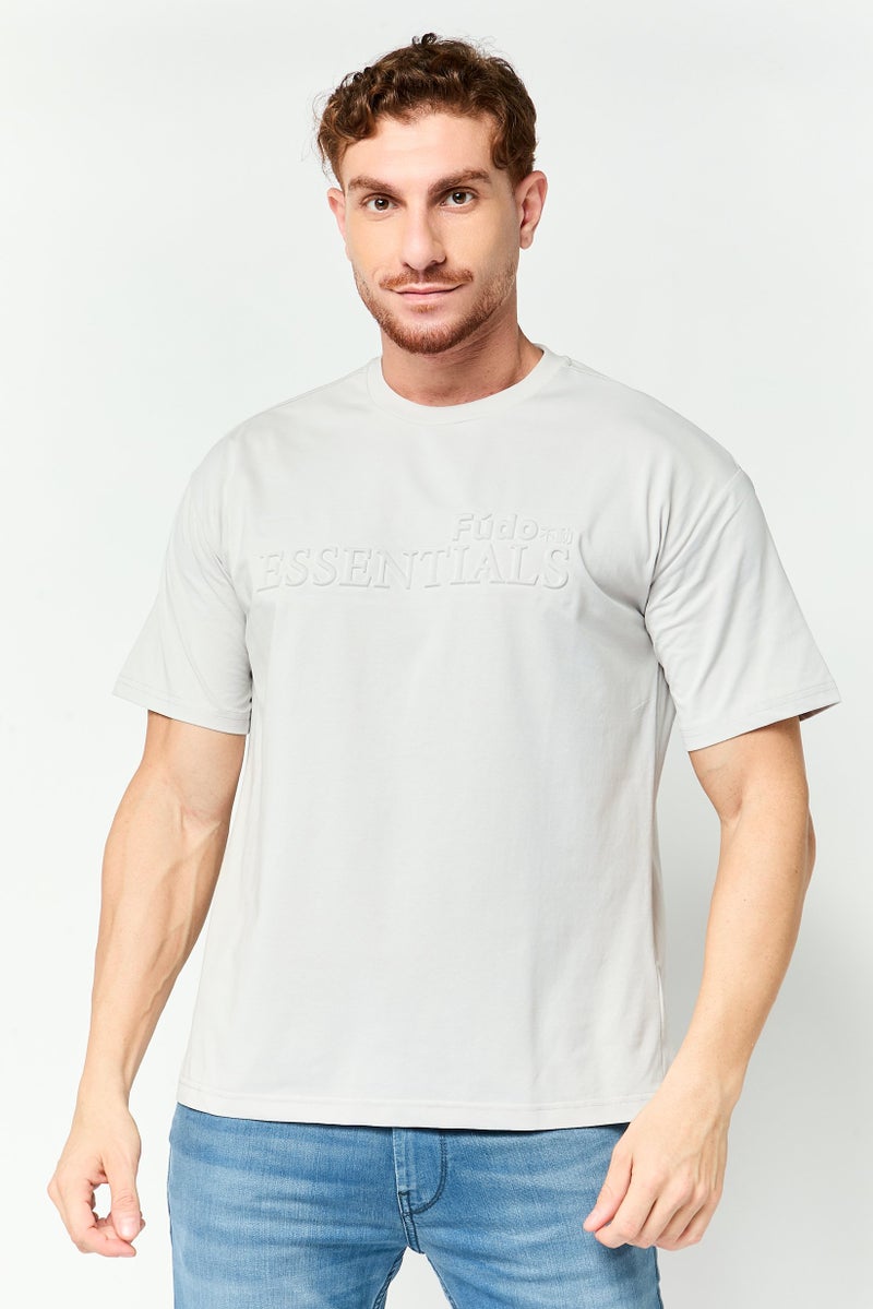 Fudo Men Crew Neck Short Sleeve Embossed Logo T-Shirt, Light Grey - Image 1