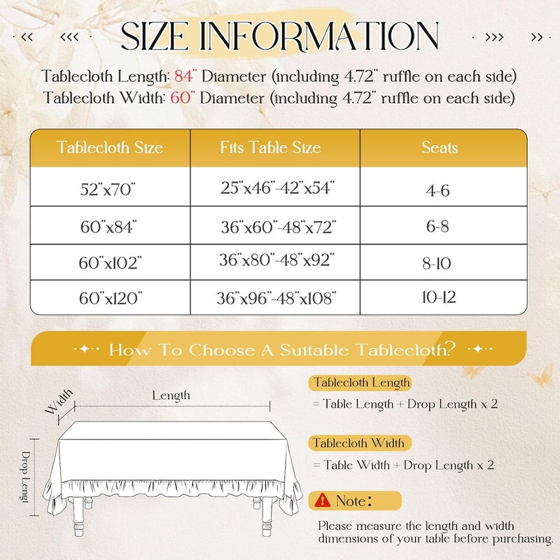 KKJIAF غطاء طاولة مستطيل من المخمل العاجي مقاس 60 × 84 بوصة، غطاء طاولة مستطيل ريفي كلاسيكي ذو حواف كشكشة قابل للغسل لحفلات الزفاف والولائم وحفلات استقبال المولود وديكور المطبخ - Image 2