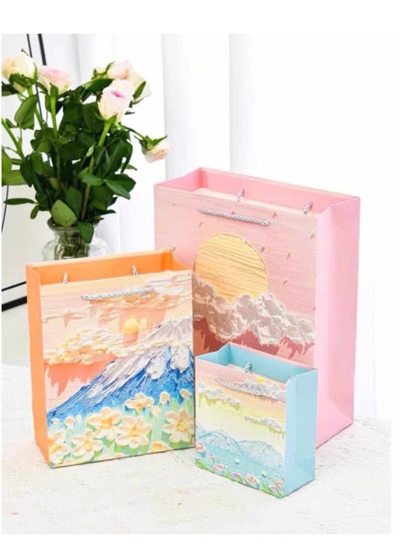 10 Pieces Luxury Gift Bags Foldable Reusable Paper Bags Creative 3D Oil Painting Orange Snow Mountain - Image 3