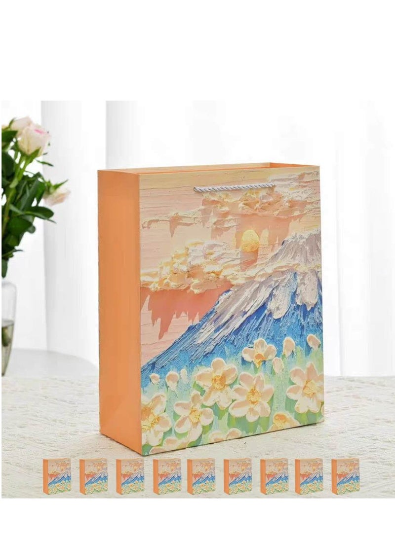 10 Pieces Luxury Gift Bags Foldable Reusable Paper Bags Creative 3D Oil Painting Orange Snow Mountain - Image 1