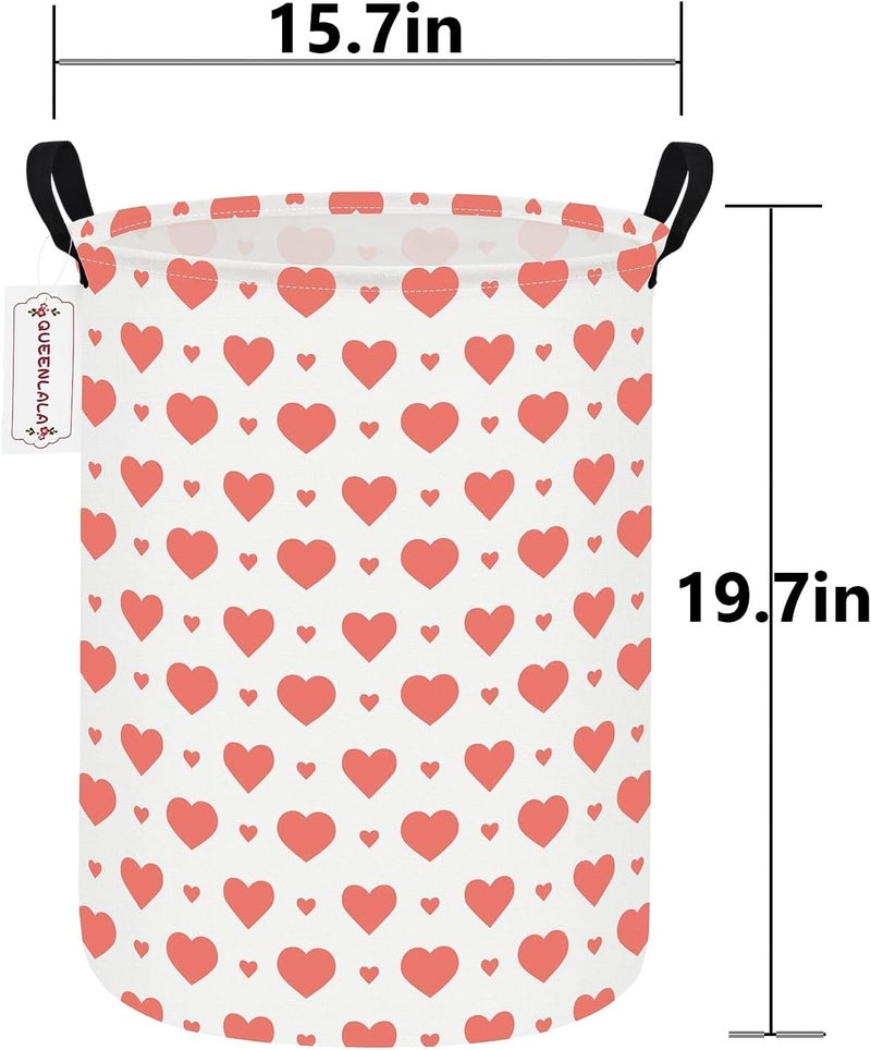 QUEENLALA Large Storage Basket,Laundry Hamper/Bathroom/Home Decor/Collapsible Round Storage Bin,Boys and Girls Hamper/Boxes/Clothing(Round-Pink Heart) - Image 2