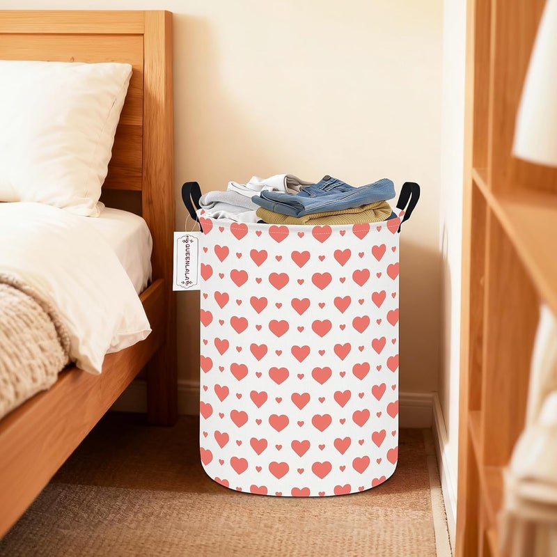QUEENLALA Large Storage Basket,Laundry Hamper/Bathroom/Home Decor/Collapsible Round Storage Bin,Boys and Girls Hamper/Boxes/Clothing(Round-Pink Heart) - Image 5
