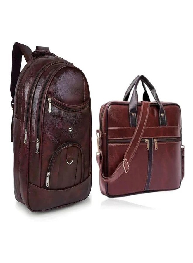 Treggo Brown Faux Leather Laptop Backpack & Messenger Bag Combo for Men, Office Travel Business Laptop Bags Set with Multiple Compartments, Durable Work Computer Bag (Pack of 2) - Image 1