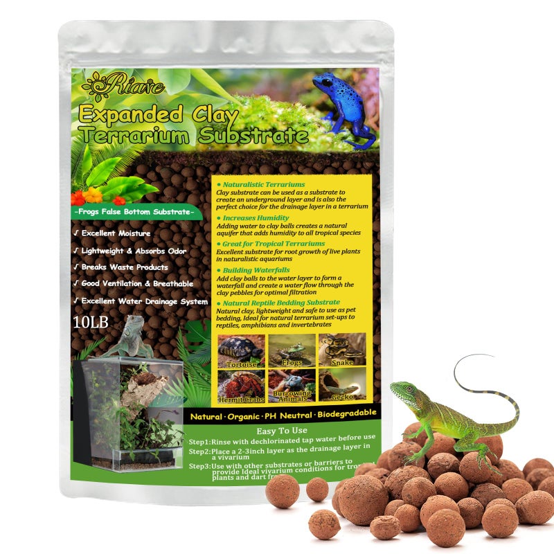 Riare 10LBS Expanded Clay Balls Terrarium Substrate for Reptiles - 100% Organic Lightweight Clay Pebbles Substrate Frogs False Bottom Substrate, Bioactive Terrarium Substrate for Drainage and Moisture - Image 1
