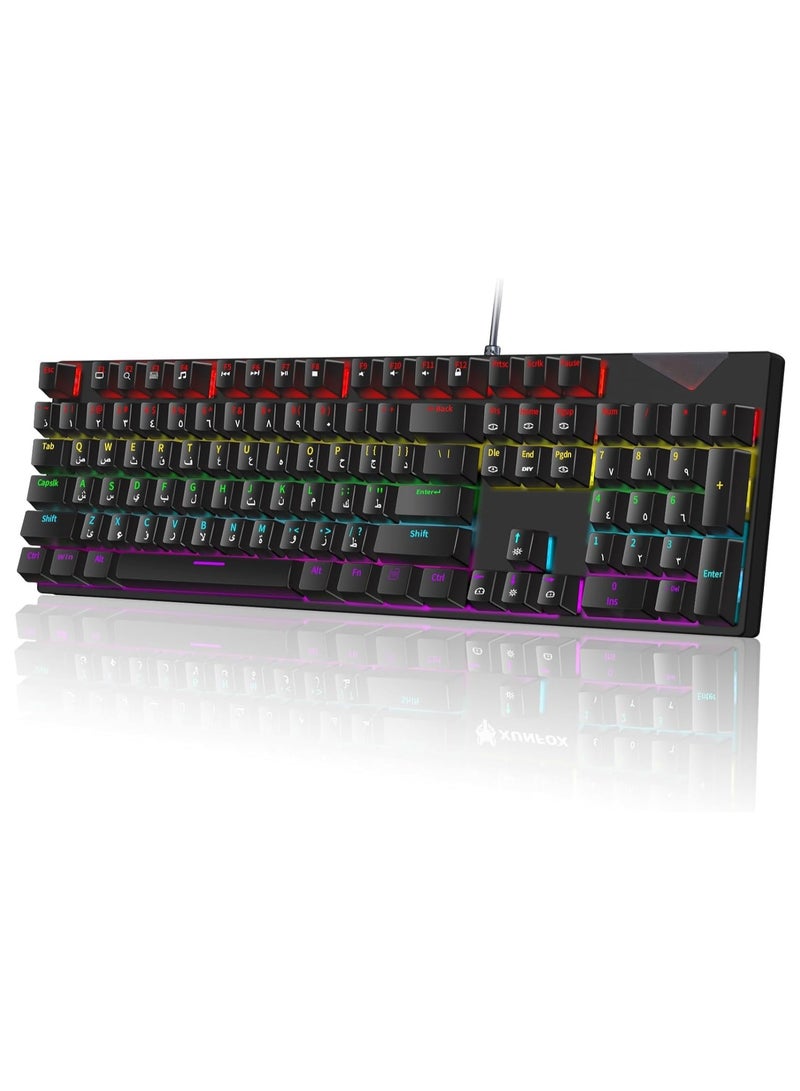 English Arabic Mechanical Gaming Keyboard with LED Backlit, 104 Keys Quick Response USB Interface E-sport Waterproof Wired Keyboard for Windows,MacOS,Android PC Gamers Black - Image 1