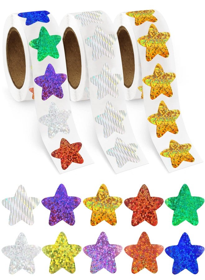 Benvo 1500Pcs Holographic Star Stickers 1inch Metallic Reward Stickers Roll Sparkly Behavior Chart Labels for Kids Classroom Teachers Supplies(Silver Gold Colorful) - Image 1