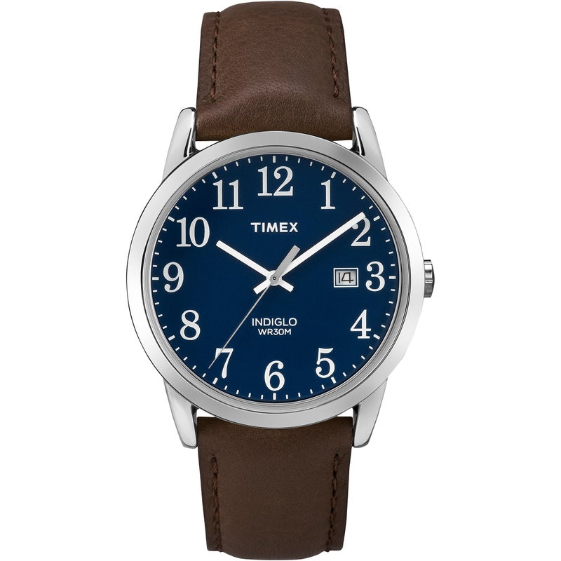 Timex Men's Easy Reader 38mm Watch â€“ Silver-Tone Case Blue Dial with Brown Leather Strap