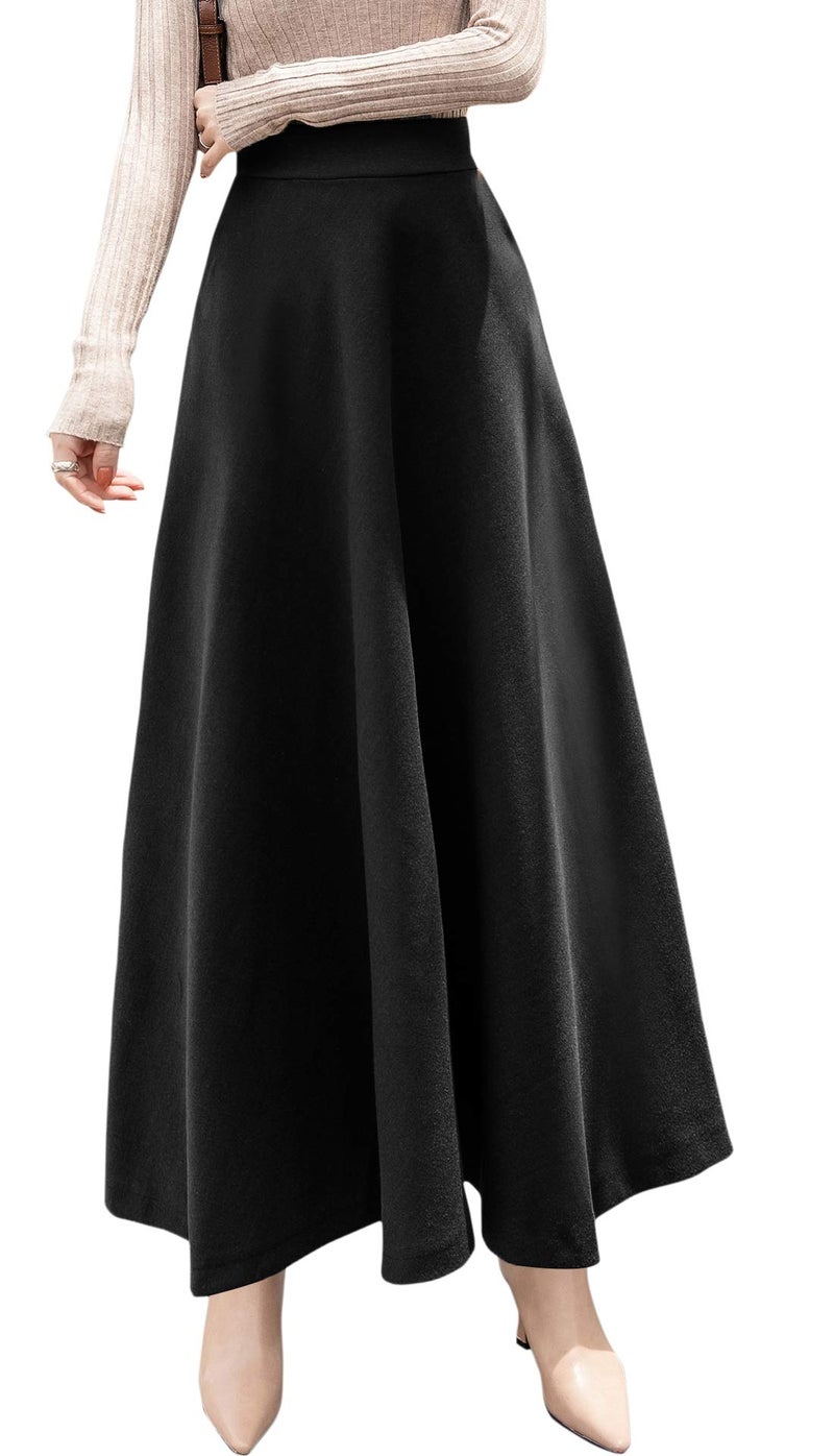chouyatou Women's Fall Winter A-Line Swing Pleated Long Maxi Wool Skater Skirt (X-Small, Pocket-Black) - Image 2