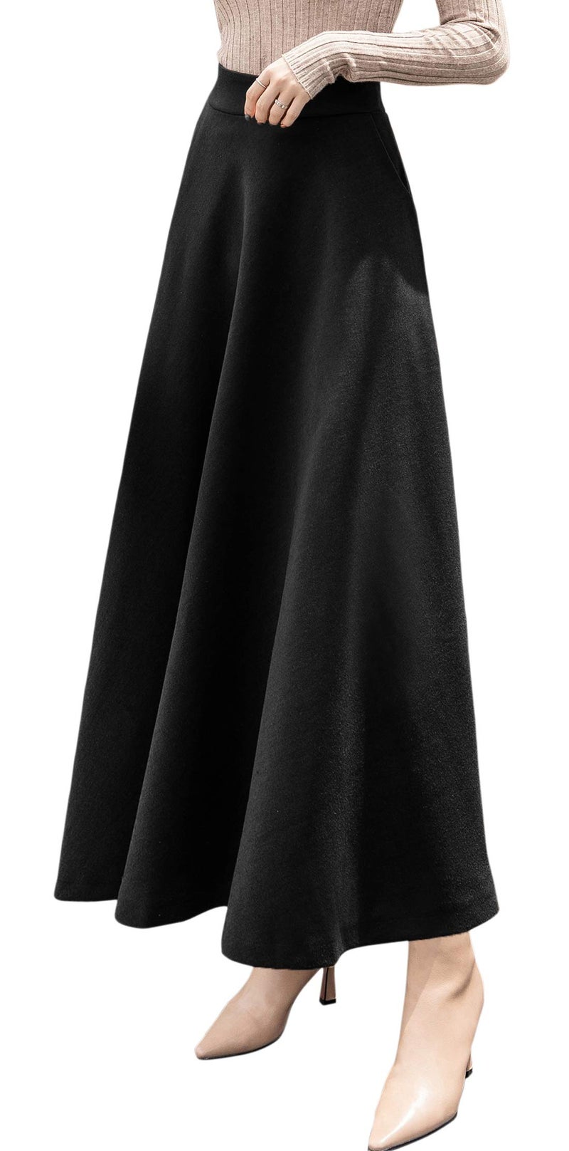 chouyatou Women's Fall Winter A-Line Swing Pleated Long Maxi Wool Skater Skirt (X-Small, Pocket-Black) - Image 1