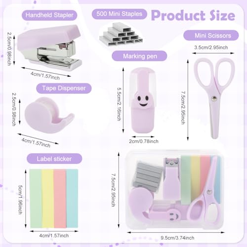 OFIFO® 6 Pcs Stationery Items Set with Mini Stapler Machine, Staples, Colored Label Stickers, Clear Tape Dispenser, Craft Scissors, Writing Marker Pen for School Students Office Desk Supplies - Image 2