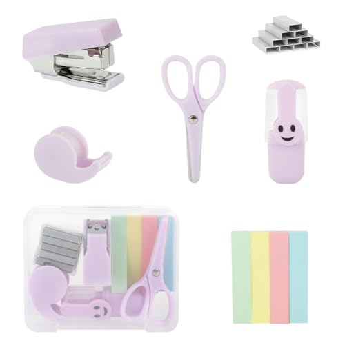 OFIFO® 6 Pcs Stationery Items Set with Mini Stapler Machine, Staples, Colored Label Stickers, Clear Tape Dispenser, Craft Scissors, Writing Marker Pen for School Students Office Desk Supplies - Image 1