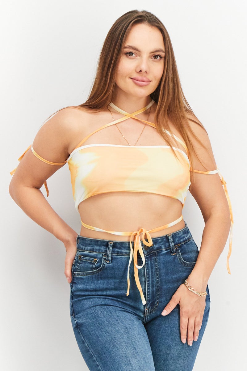 NA-KD Angelica Blick x NA-KD Women Crisscross Neckline Mesh Top, Yellow - Image 1