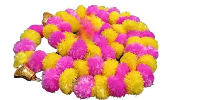 Brikshi Pack of 10 Artificial Marigold Flowers for Decoration Long Marigold Garlands for Decoration Toran Indian genda phool for Wedding Festival 5 Feet Long Yellow Pink 10 Strings - Image 3