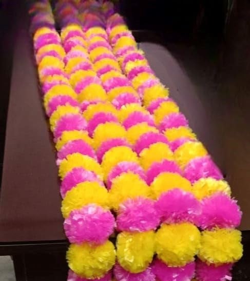 Brikshi Pack of 10 Artificial Marigold Flowers for Decoration Long Marigold Garlands for Decoration Toran Indian genda phool for Wedding Festival 5 Feet Long Yellow Pink 10 Strings - Image 2