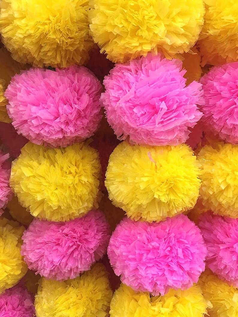 Brikshi Pack of 10 Artificial Marigold Flowers for Decoration Long Marigold Garlands for Decoration Toran Indian genda phool for Wedding Festival 5 Feet Long Yellow Pink 10 Strings - Image 1