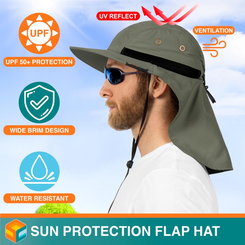Suncube قبعة الشمس SUN CUBE للرجال، قبعة صيد بحواف عريضة مع غطاء للرقبة للرجال والنساء، للمشي في الطبيعة، حماية من الشمس UV، صيف، حديقة، شاطئ، تخييم UPF 50+، زيتوني - Image 3