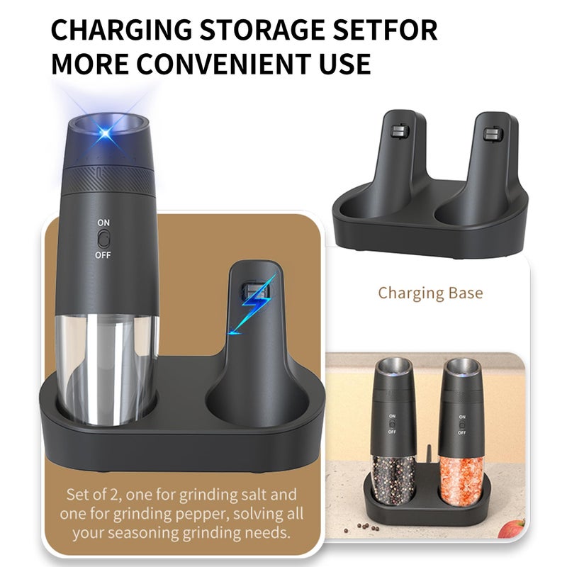 Indelala Gravity Electric Pepper and Salt Grinder Refillable Set - Automatic Shakers Pepper Mill, Adjustable Coarseness, with Rechargeable Base & LED Light - Image 3