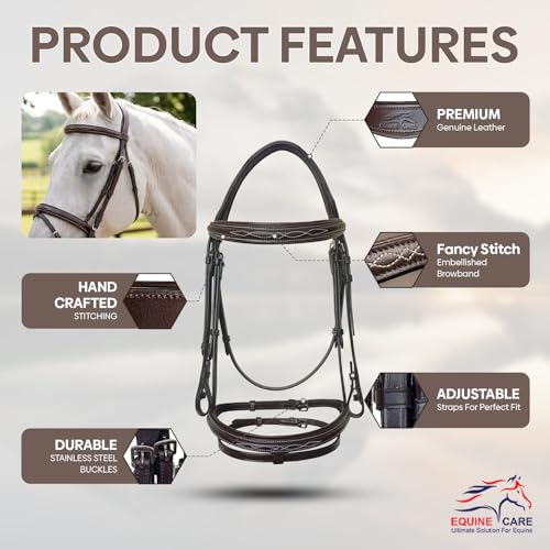 Equine Care English Horse Bridle with Reins FancyStitched Padded Comfort Crown Noseband VegetableTanned Leather Stainless Steel Fittings Full Size Hunter Jumper Tack - Image 3