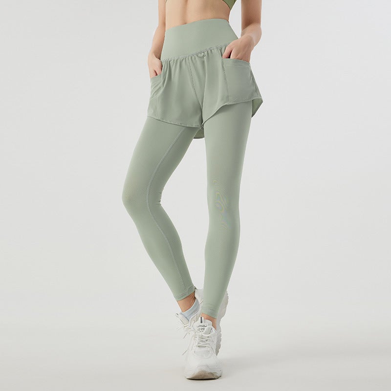Fake two-piece running pants womens tight quick-drying sports culottes spring and autumn high waist fitness training anti-embarrassment yoga trousers Pea green