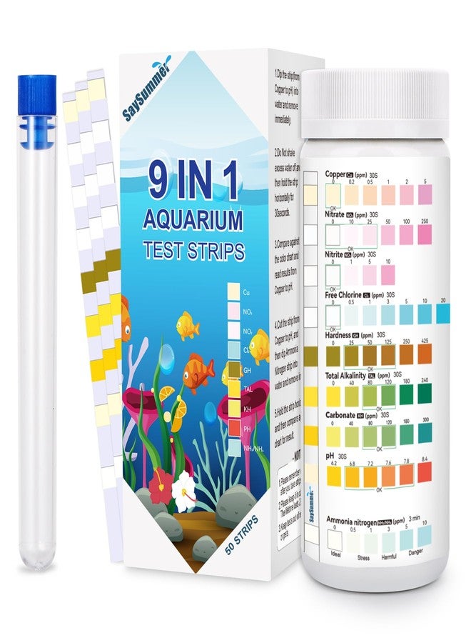 SaySummer Aquarium Test Strips for Fish Tank: 9 in 1 Aquarium Ammonia Test Strips for Fish Tank - 50 Counts Aquarium Water Test Kit Testing Ammonia Nitrogen, Copper, pH and More - Image 1