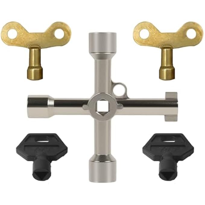5-PACK MULTI-FUNCTIONAL UTILITY KEY SET, 2X BRASS RADIATOR KEYS & 2X TRIANGLE & 1X CROSS METER BOX KEYS FOR GAS, WATER, CABINET, ELEVATOR ACCESS - Image 1
