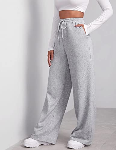 FACDIBY Wide Leg Sweatpants for Women Elastic High Waisted Drawstring Loose Pants with Pockets, Light Grey, M - Image 3