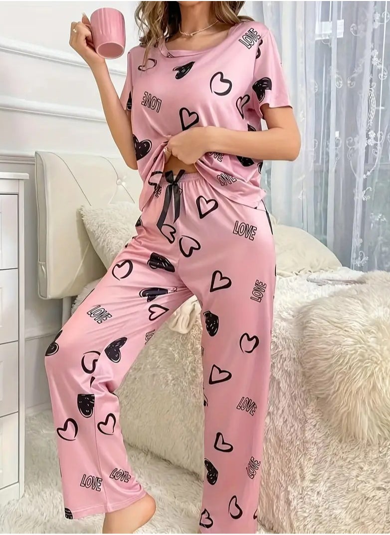 ماركة غير محددة طقم بيجامة كاجوال مطبوع عليه قلب وحروف، بلوزة بأكمام قصيرة ورقبة دائرية وسروال مرن، ملابس نوم وملابس نوم نسائية  - Image 5
