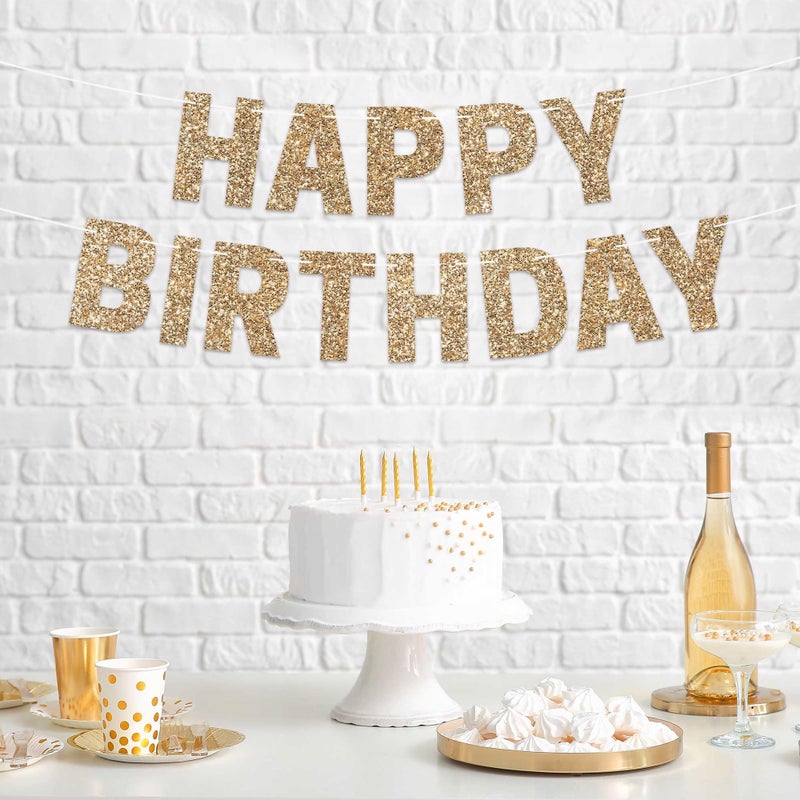Perfect Occasion Pre-strung Happy Birthday Banner - No DIY - Gold Glitter Birthday Party Banner for Men & Women - Pre-strung Garland on 8 ft Strands - Gold Bday Party Decorations & Decor. Did We Mention No DIY - Image 3